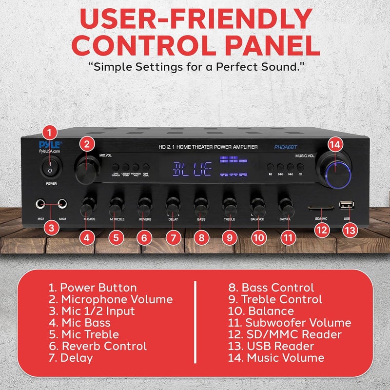 Pyle 400W Stereo Amplifier Receiver - BT Home Audio Amplifier with USB/SD Readers, FM Radio, 3.5mm Aux, Phono, Optical & Coaxial Inputs, LED Display, Mic Inputs, Built-in 2 in 1 HDMI Switch - Image 2